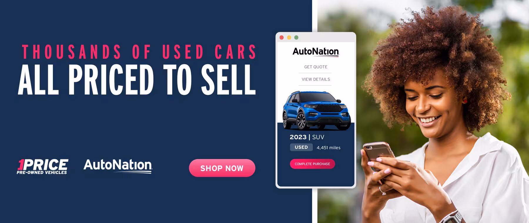 Image that reads AutoNation 1Price Pre-Owned Vehicles, couple looking at a white car
